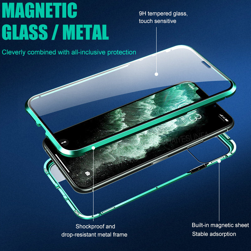 metal magnetic 360 phone case for i phone glass cover iphone