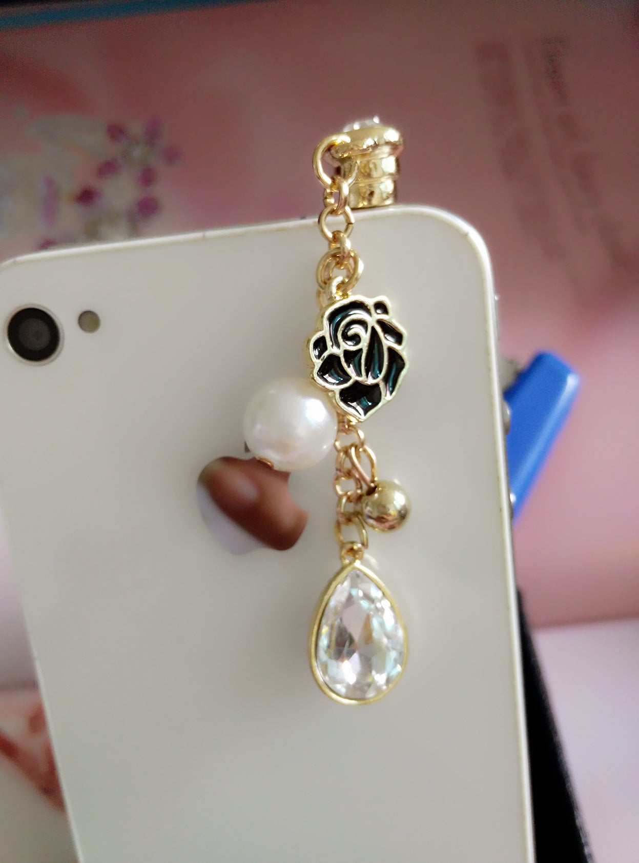 Exclusive new roses crystal water droplets pendant phone dust plug cell phone accessories 3.5mm earphone dust plug